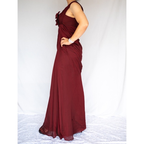 Adrianna Papell Burgundy One Shoulder Sleeveless Beaded Ruched Long Prom Dress - Picture 2 of 12